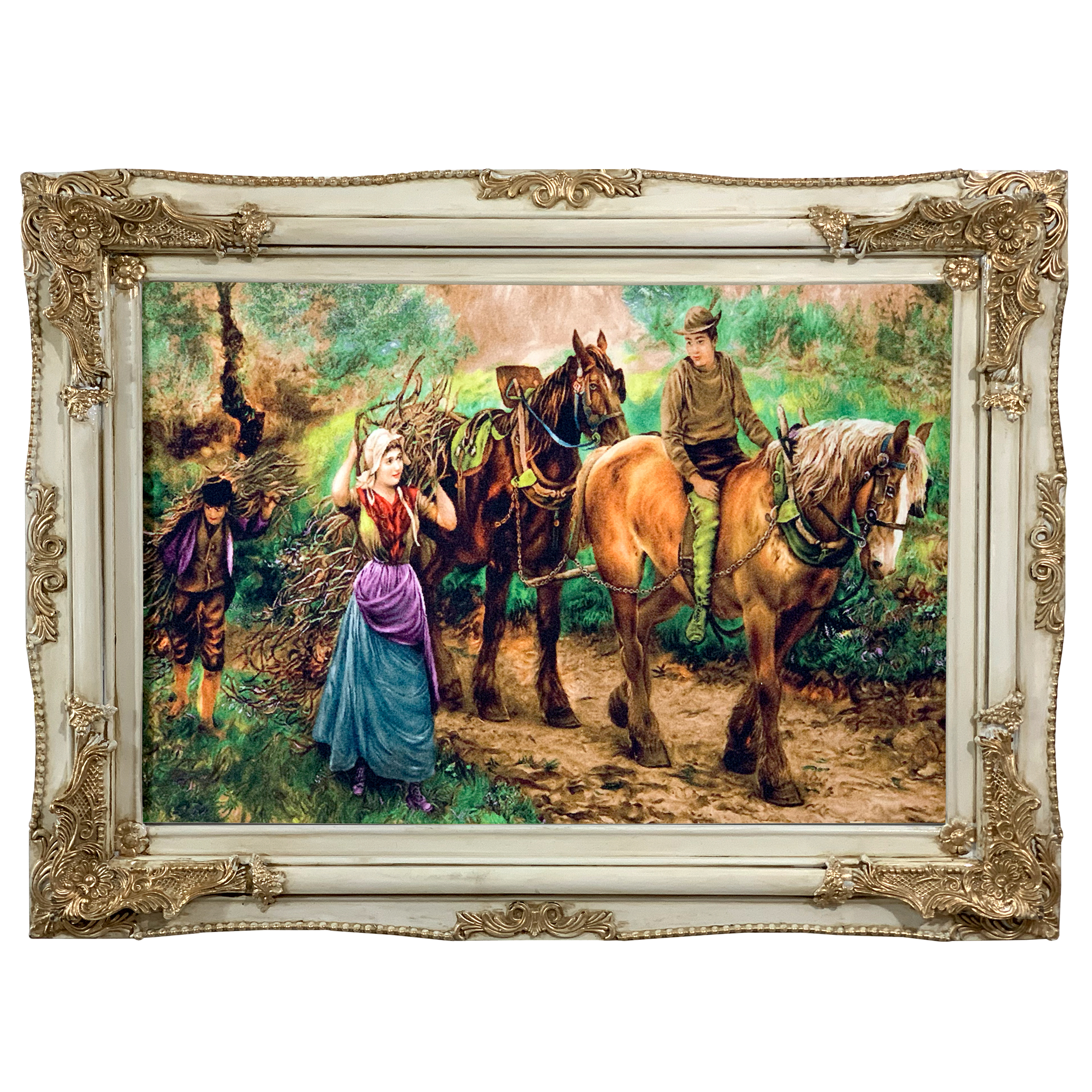 تابلو فرش ماشینی طرح هیزم شکن با قاب استخونی