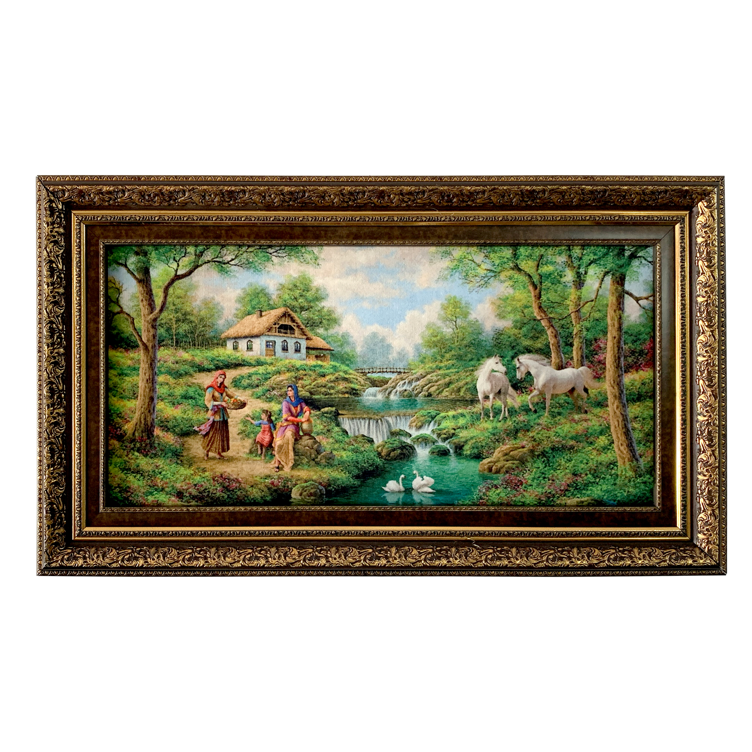 تابلو فرش ماشینی 1200شانه طرح روستا با قاب PVC