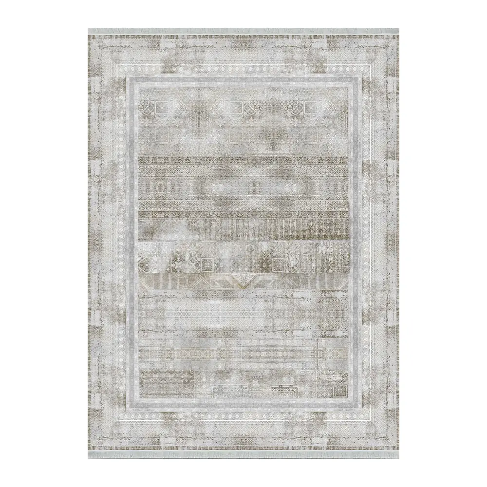 فرش ماشینی 1200 شانه نگین فیروزه وینتیج مدل ماهور نقره ای