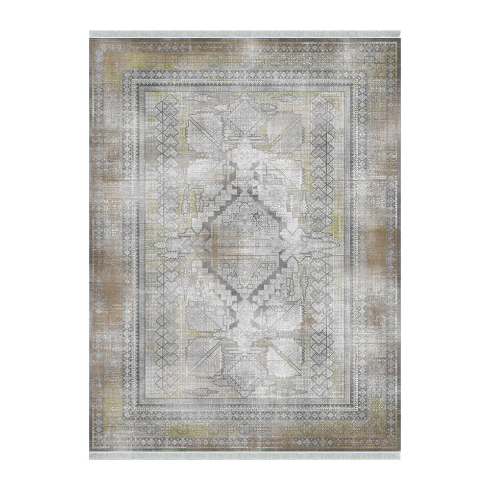 فرش ماشینی 1200 شانه نگین فیروزه وینتیج مدل قاب بهشت دودی