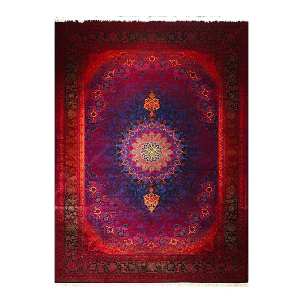 فرش ماشینی 700 شانه نگین فیروزه مدل خورشید لاکی ارغوانی