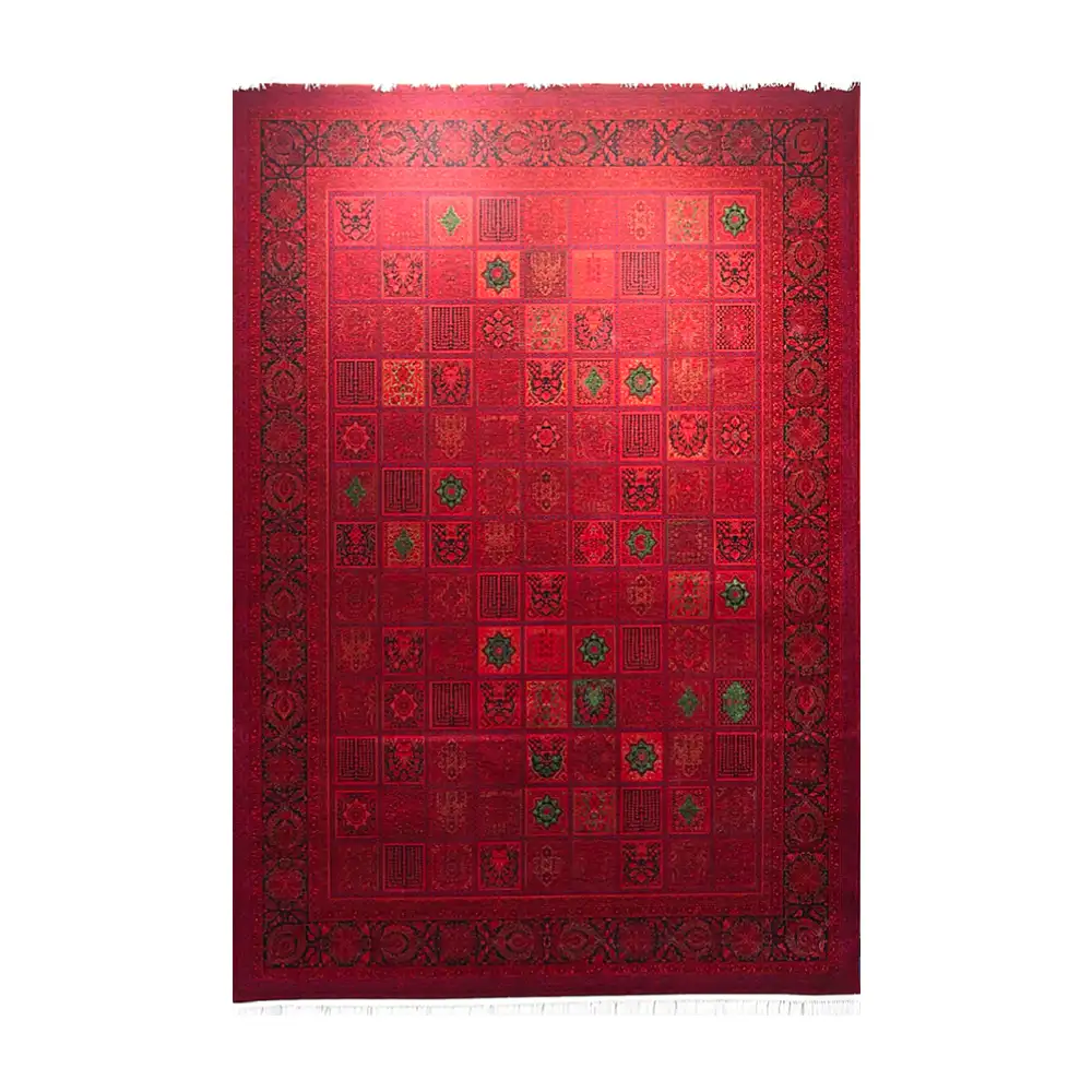 فرش ماشینی 700 شانه نگین فیروزه مدل خشتی شمس لاکی ارغوانی