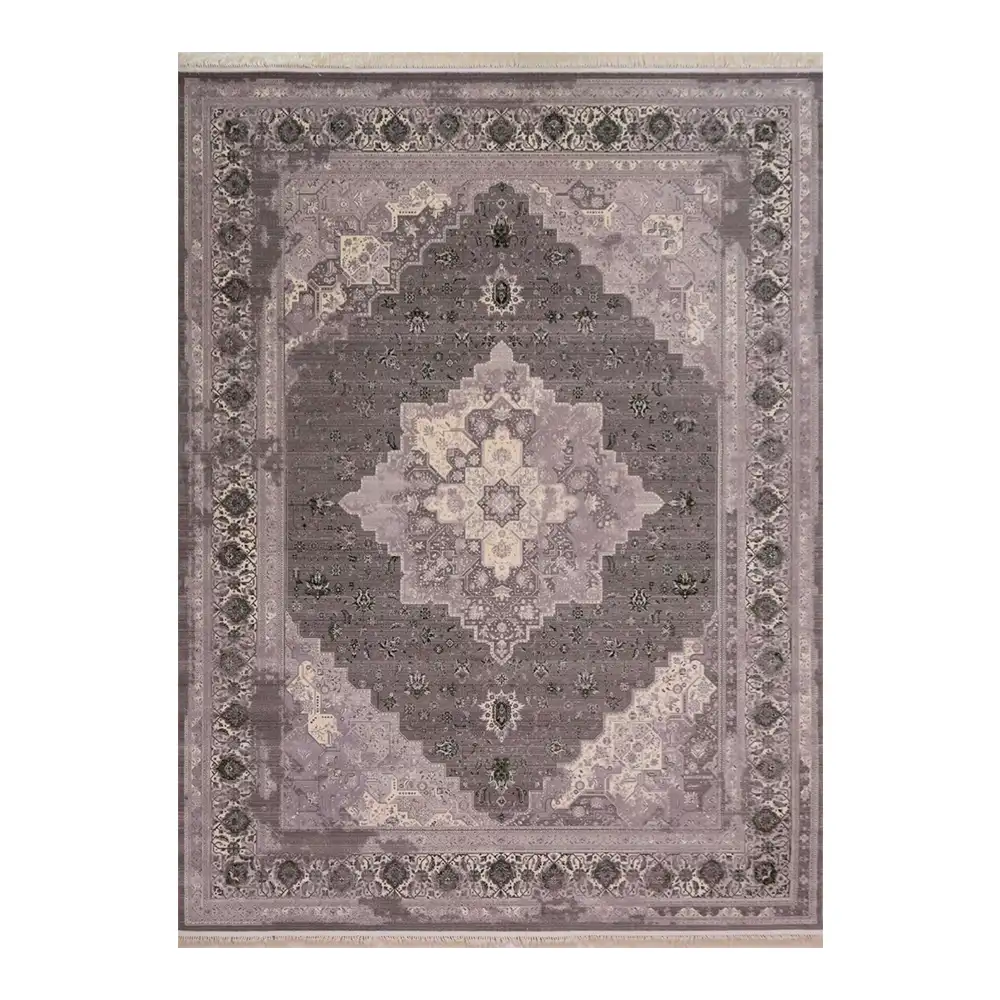 فرش ماشینی 700 شانه نگین فیروزه مدل هریس وینتیج نقره ای