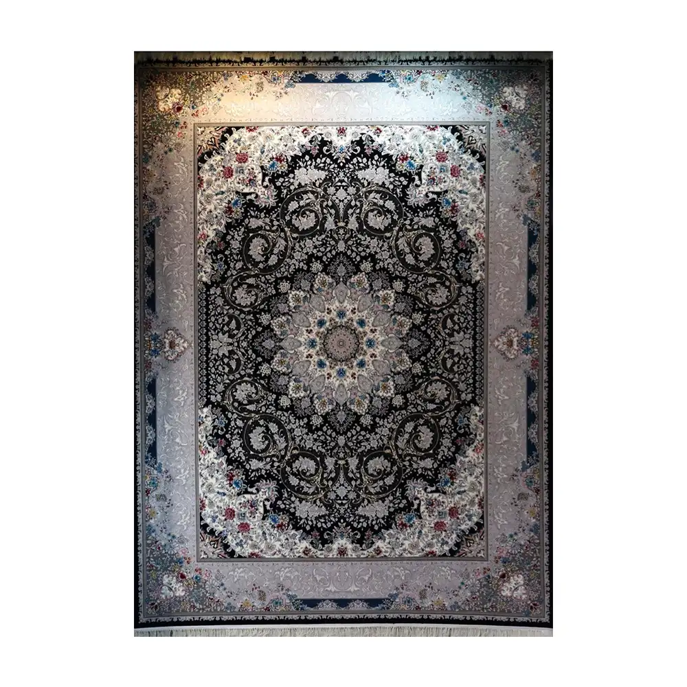 فرش ماشینی 700 شانه نگین فیروزه مدل شاهانه سرمه ای